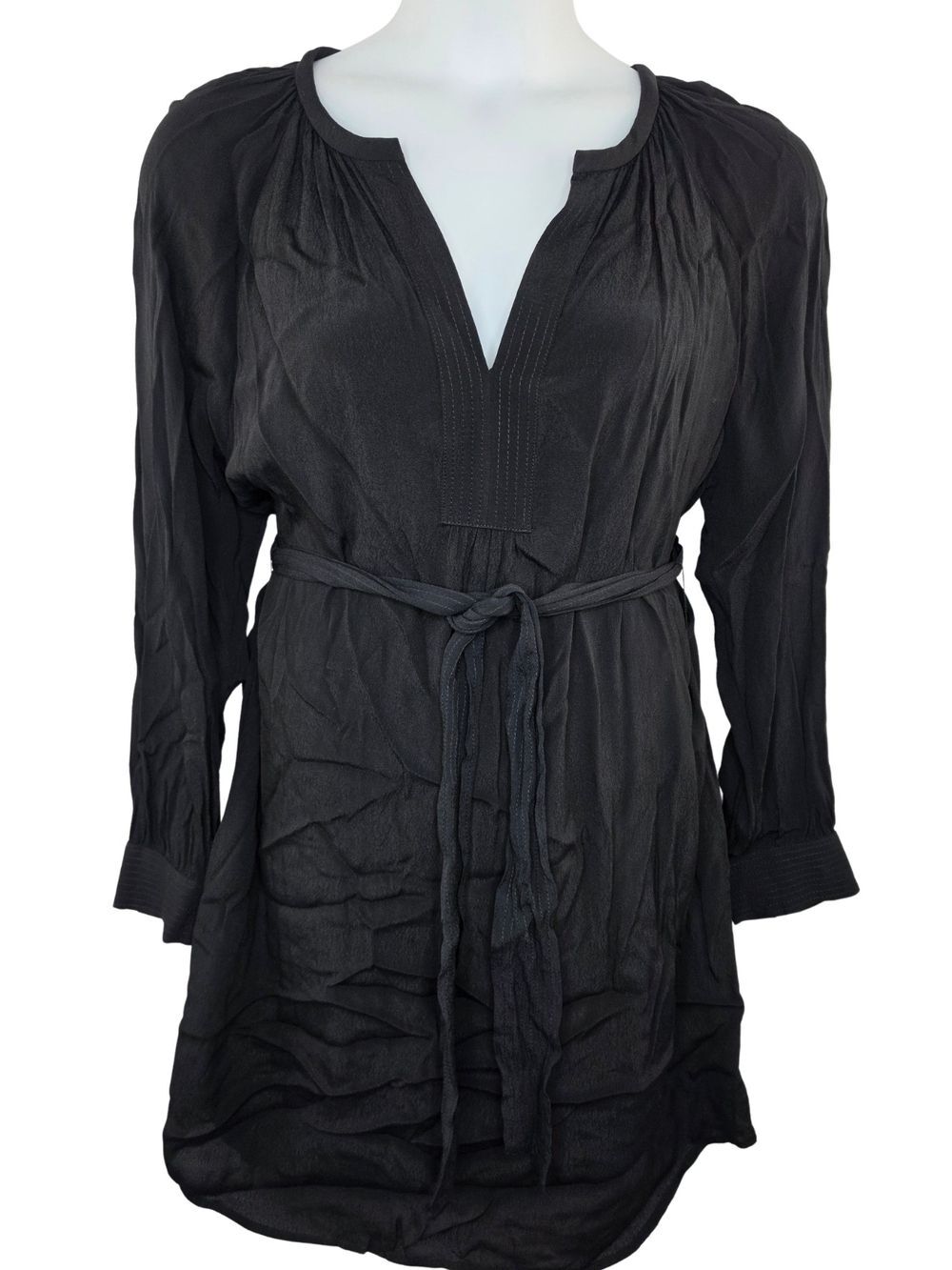 Banana Republic Size 16 Black Long-Sleeve  Split Neck Belted Tunic Dress 2155-k